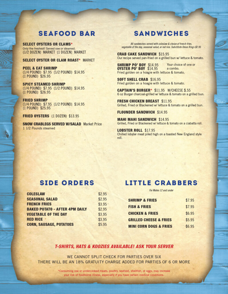 All Day Menu Inlet Crab House and Raw Bar